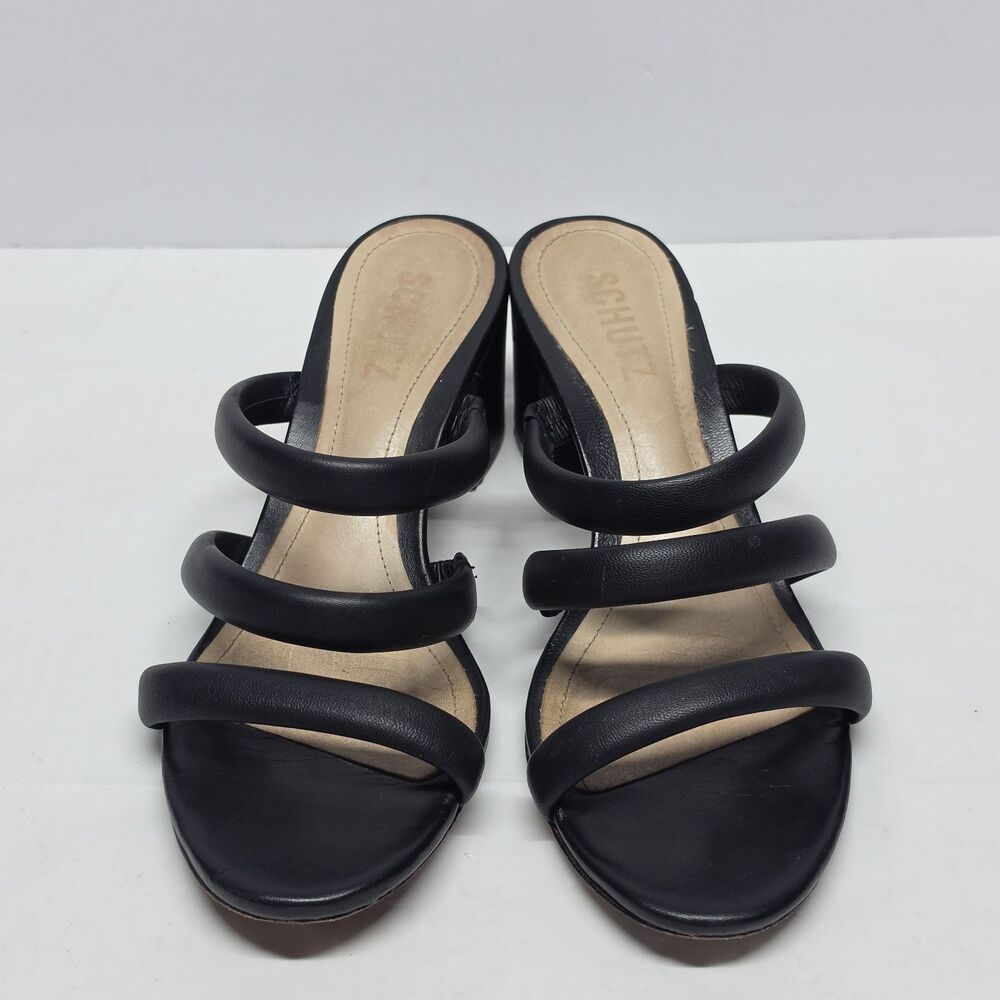 Schutz Olly Mid Block Heel Black Leather Sandals Women's Size 7.5 Minimalist